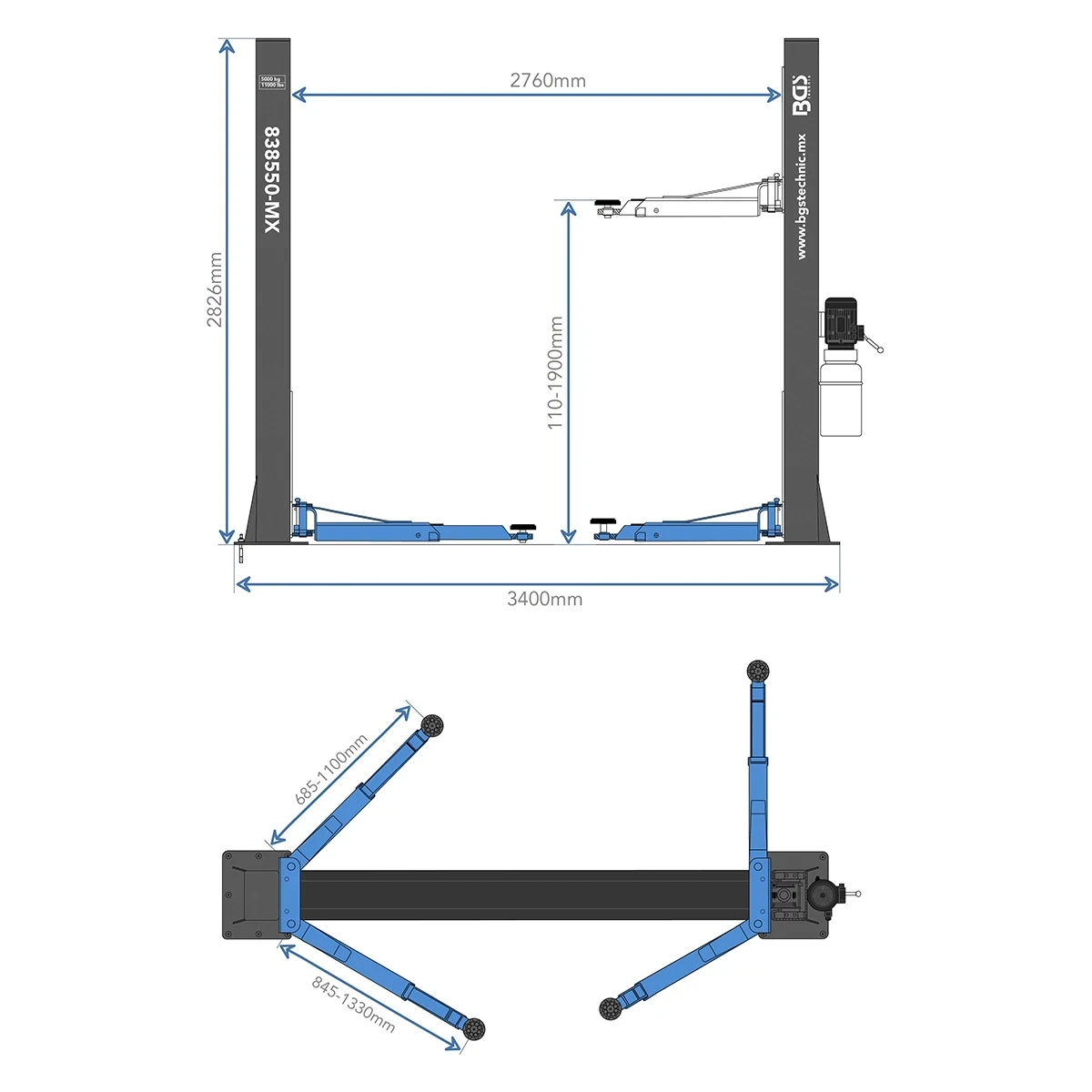 ELEVADOR DE 2 POSTES ALTURA LIBRE | CAPACIDAD / 5,000 KG / 11,000 LB - Imagen 3