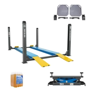 ELEVADOR / RAMPA DE ALINEACIÓN DE 4.5 TONELADAS | LIBERACION ELECTROHIDRAULICA + ROLLING JACK + PLACA GIRATORIAS + INCLUYE 10 LTS ACEITE HIDRAULICO BGS