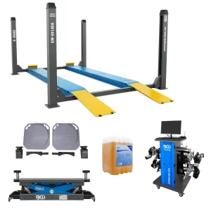 ELEVADOR / RAMPA DE ALINEACIÓN DE 4.5 TONELADAS | LIBERACION ELECTROHIDRAULICA | INCLUYE 10 LTS ACEITE HIDRAULICO BGS + ROLLING JACK + PLACA GIRATORIAS + ALINEADORA INALAMBRICA DE LLANTAS STRIKE 600 CCD