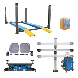 ELEVADOR / RAMPA DE ALINEACIÓN DE 4.5 TONELADAS | LIBERACION ELECTROHIDRAULICA | INCLUYE 10 LTS ACEITE HIDRAULICO BGS + ROLLING JACK + PLACA GIRATORIAS + ALINEADORA DE RINES 3D CON SEGUIMIENTO AUTOMÁTICO